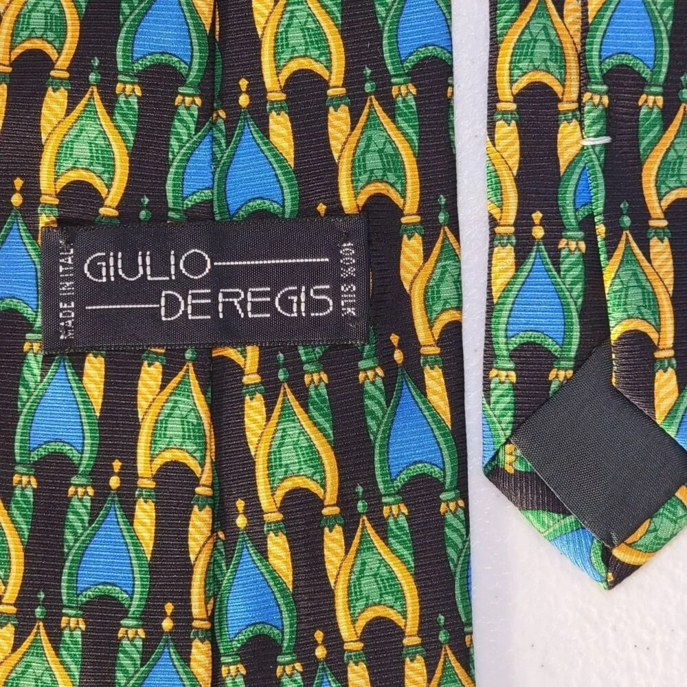 Giulio‎ Desegis Mens Silk Dress Tie Temple Synagogue Graphic Print Blue Green